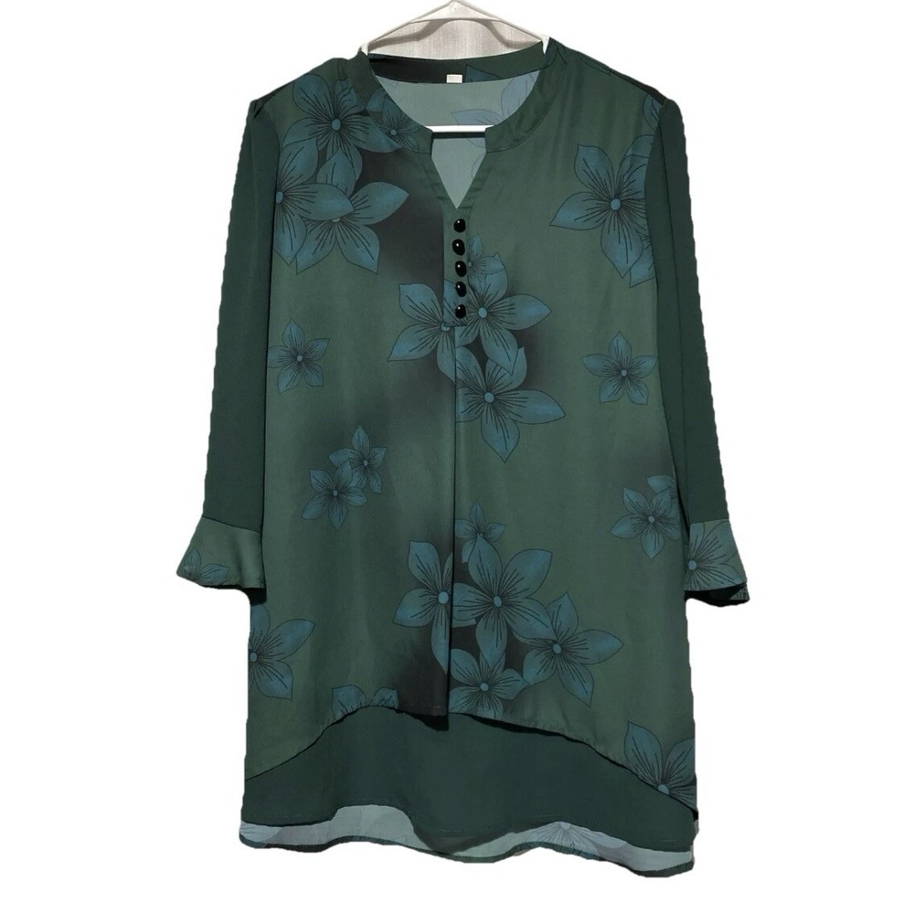 Women's Large Teal Green Floral Blouse 3/4 Sleeve Flowy Tunic Top